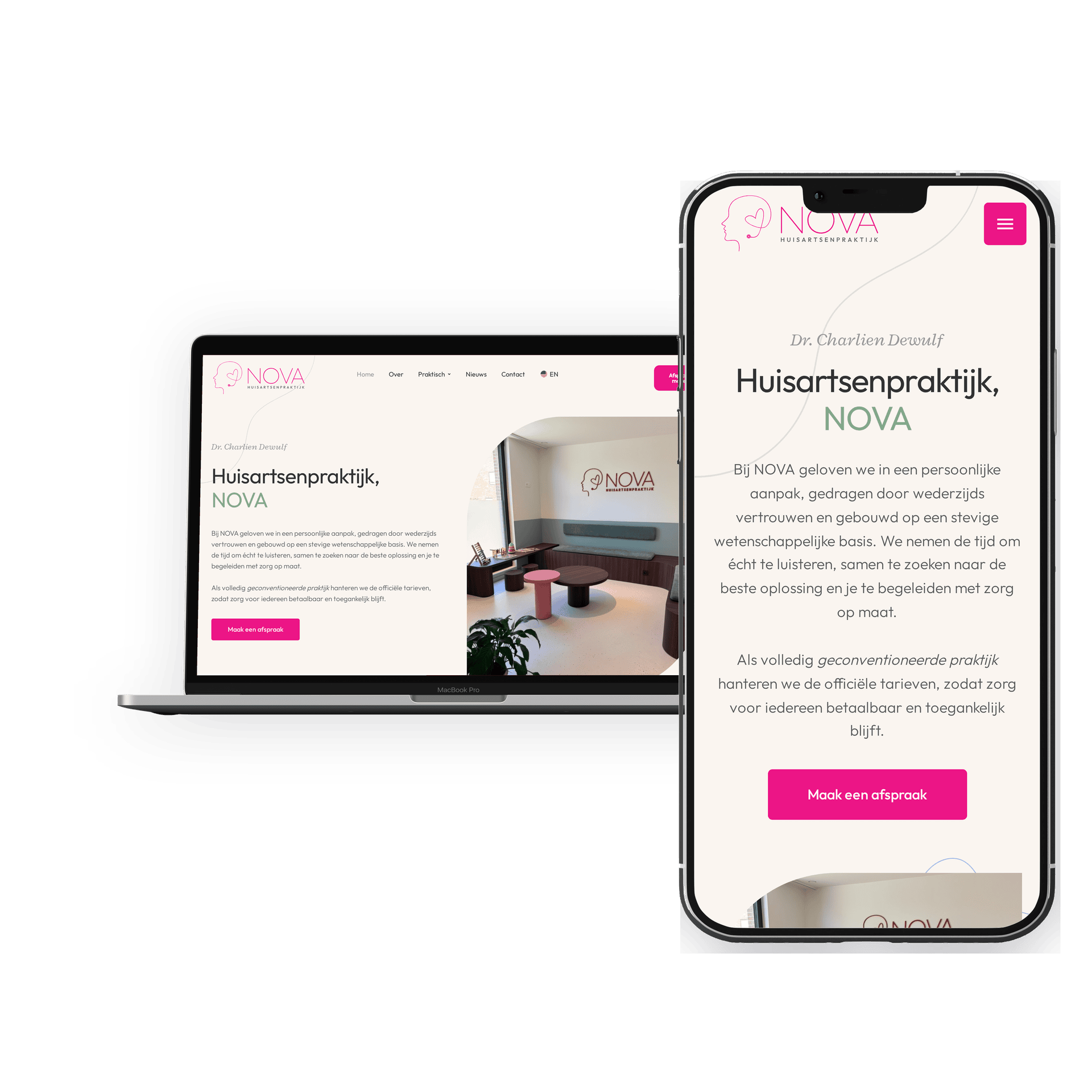 Website Huisartsenpraktijk Nova op laptop en iPhone, ontworpen door The Batcave
