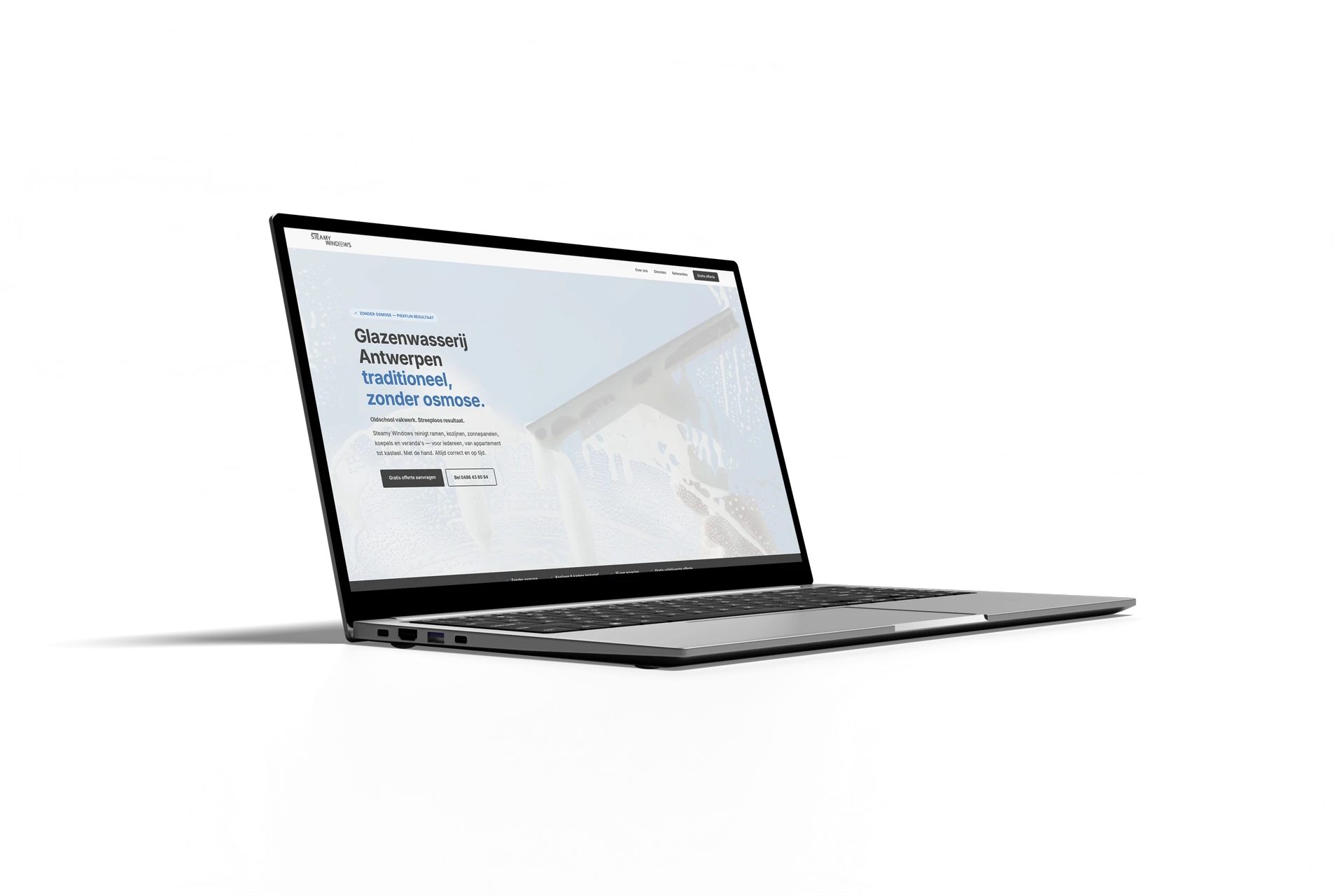 Websitemockup voor glazenwasserij Steamy Windows door The Batcave