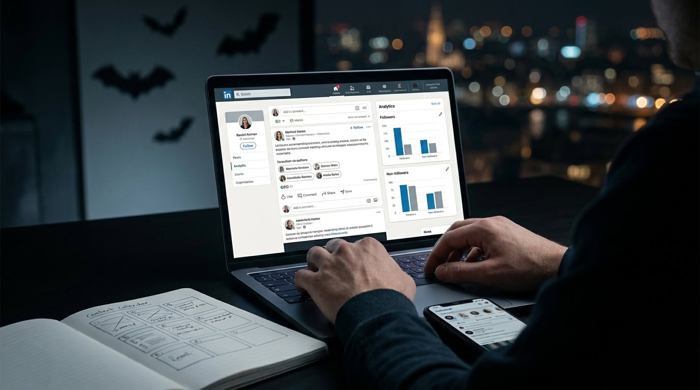 LinkedIn launches collaborative posts and reach analytics, blog visual by The Batcave